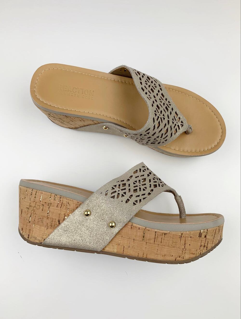 Reaction Kenneth Cole Fan-Tastic 2 Sandals Platform Wedge Gold Leather Women's 7